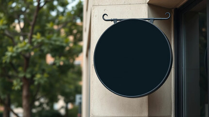 Blank round signboard on the wall outdoor, mock up for logo design, brand presentation for companies, shops.