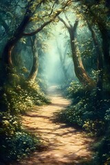 Obraz premium Enchanted Forest Path in Whimsical Oil Painting Style with Fairytale-like Scenery