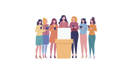 Obraz premium A digital illustration depicting a group of seven diverse women standing together. Each woman holds a smartphone, except for one who stands behind a blank vertical sign/poster positioned on a