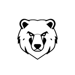 A black and white stylized bear head with an intense gaze, set against a white background, simple and modern.