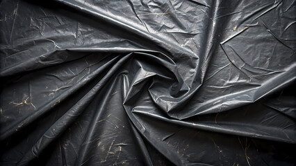Obraz premium Black crumpled plastic creates dynamic and slightly unsettling texture, its creased surface swirling with an almost organic energy