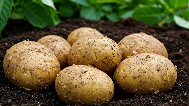 Freshly harvested potatoes resting in rich soil