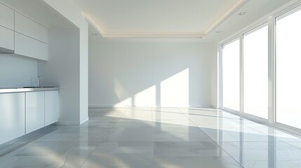 Fototapeta premium A modern empty room with white walls and tiled floors, featuring large windows that let in natural light.