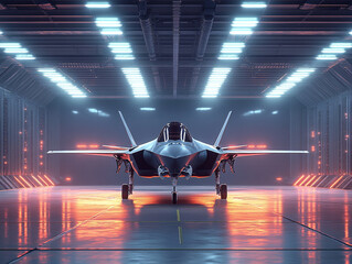 Furtive military aircraft showcased in modern hangar