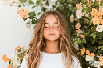 Naklejka premium Serene girl with closed eyes surrounded by vibrant flowers exude