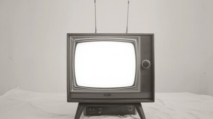 A classic black-and-white vintage television with a wood finish, rabbit ear antennas, and blank screen on white