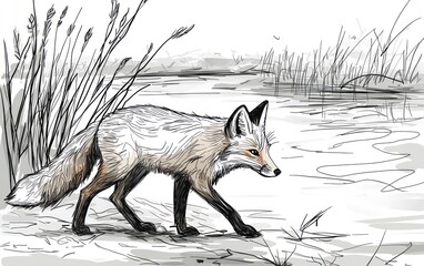 Modern line art a fox walking along a riverbank, with bold strokes forming the water and natural surroundings