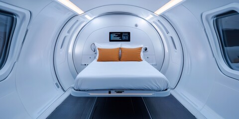 Fototapeta premium Future Ready efficiency concept. Futuristic sleeping pod with minimalistic design and modern amenities.