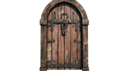 A distressed wooden door with a worn-out lock, isolated on white. Rustic textures and chipped paint add character