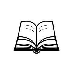 Simplified, stylized illustration of an open book, depicted in black and white, showcasing an opened book with stylized pages, set against a pure white backdrop.