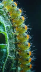 Fototapeta premium Close-up of vibrant green caterpillars lined up on a leaf, showcasing intricate details and textures.