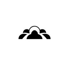 Black and white minimalist icon of several overlapping shapes suggestive of a group or community.