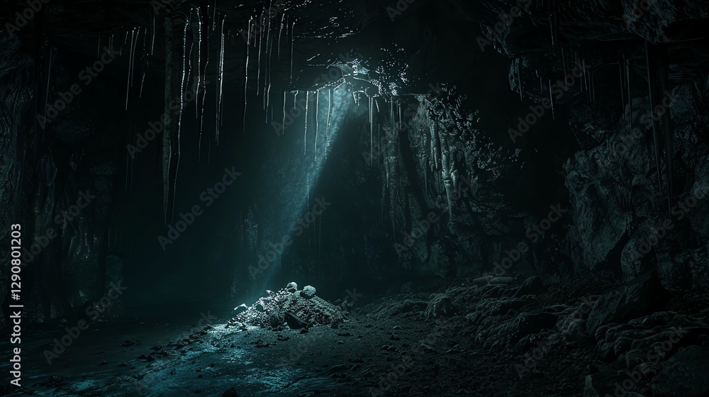 Poster a dark and mysterious cave with a pile of rocks in the middle and a light coming from an opening in 