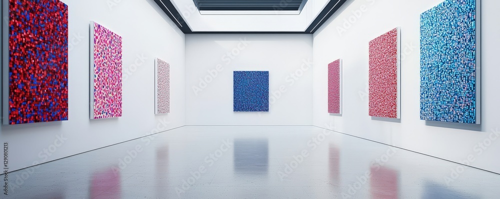 Poster future ready efficiency concept. art gallery featuring colorful abstract paintings on display.