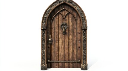 A medieval-style wooden door with an ornate lock, perfectly isolated on a white background. Vintage and historical concept