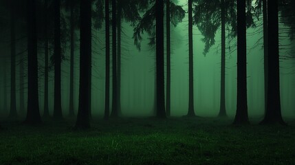 Naklejka premium Dark, misty forest with tall trees and green undergrowth.