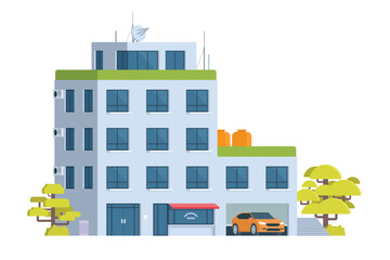 Apartment Building Vector Illustration. Urban Mid-Rise Housing in Flat Style and Clean Design