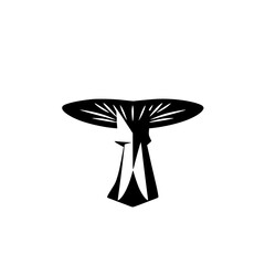 Stylized black and white mushroom illustration in an art deco style, with a white background and minimalist design.
