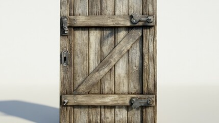 A rustic barn-style wooden door with a metal latch lock, highlighting its weathered look against a white backdrop