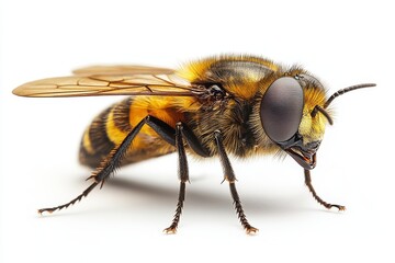 Fototapeta premium Close-up of a bee with detailed textures and vibrant colors against a clean white background. A stunning macro shot showcasing nature's intricate beauty.