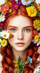 Naklejka premium Spring celebration. Beautiful young redhead woman with colorful flowers and petals on her face. Beauty parlor vertical banner concept, 