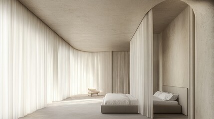 Fototapeta premium Modern Beige Bedroom, Minimalist Design