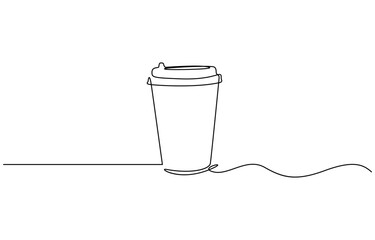 Continuous one line drawing of paper cup of coffee. One line drawing illustration of coffee takeaway, Paper cup of hot coffee in one Continuous line drawing. Concept of drink to go in line art style.