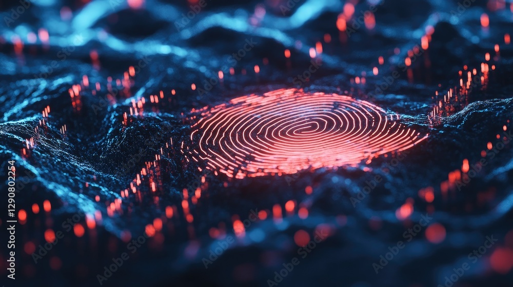Poster advanced technology showing a digital fingerprint scan on a blue background