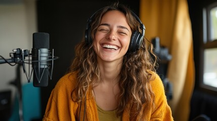 A smiling young woman enjoys her time in a vibrant room, wearing headphones and interacting with a microphone, capturing positivity and creativity in her workspace.