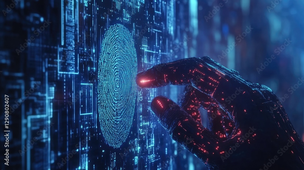 Poster advanced technology showing a digital fingerprint scan on a blue background
