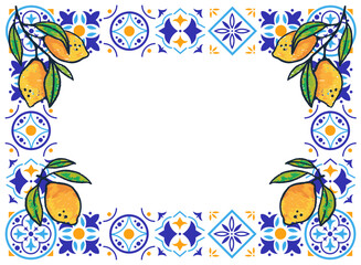 Frame with blue  lemon branches. Horizontal empty border with italian geometric mosaic. Design element for greeting card, menu

