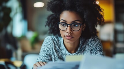 A business owner manages cash flow her concentrated face reflecting control and strategy