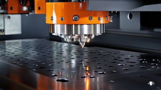 A high-speed industrial stamping machine pressing metal sheets