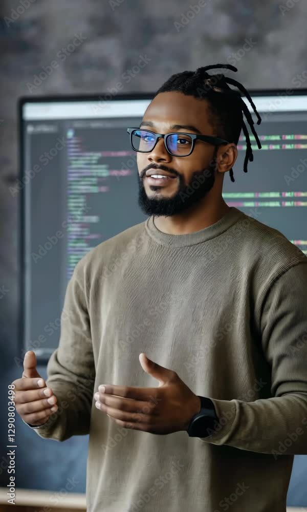Poster a man with glasses and dreadlocks stands in front of a computer monitor