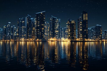 city buildings skyscapes at night water front, front view on black background