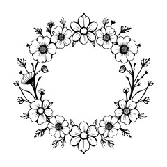 Delicate floral wreath of daisies in black ink.