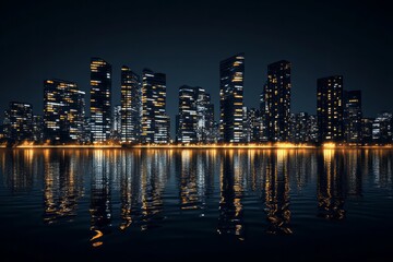 city buildings skyscapes at night water front, front view on black background