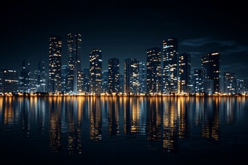 Fototapeta premium city buildings skyscapes at night water front, front view on black background