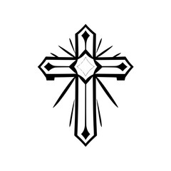 A stylized black and white cross illustration, featuring a modern, geometric, and slightly spiky design.
