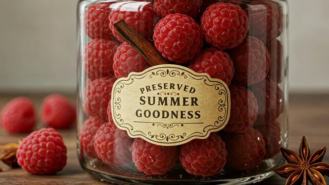 A jar of preserved raspberries, showcasing summer's deliciousness