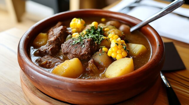 Warm and hearty Chilean cazuela featuring tender beef, pumpkin, corn, and potatoes on a rustic wooden table with traditional utensils