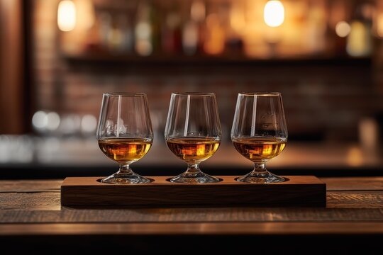 Premium whiskey tasting experience with elegant flight of three glasses