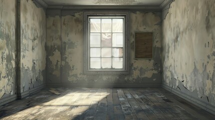 An empty room with peeling paint and a window.