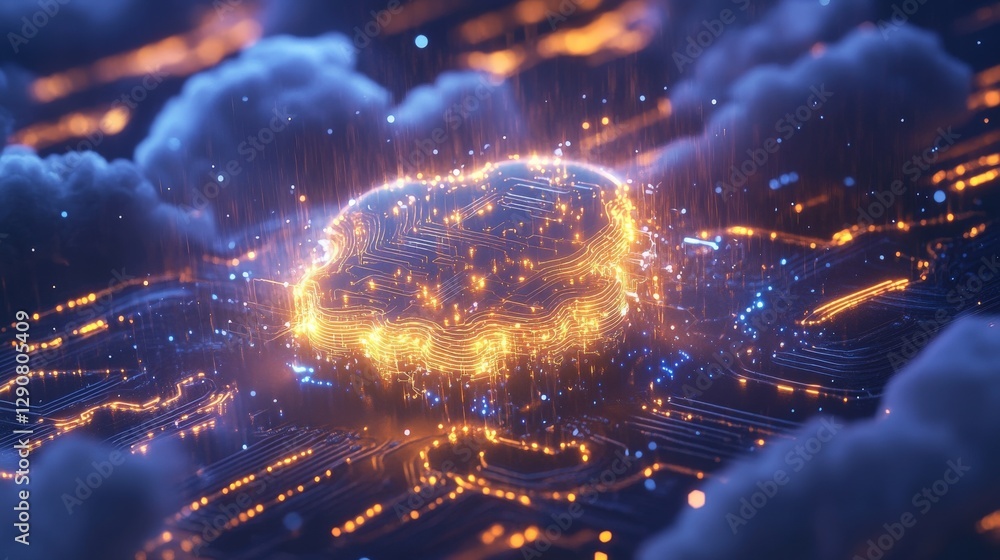 Poster glowing circuit board cloud computing network data