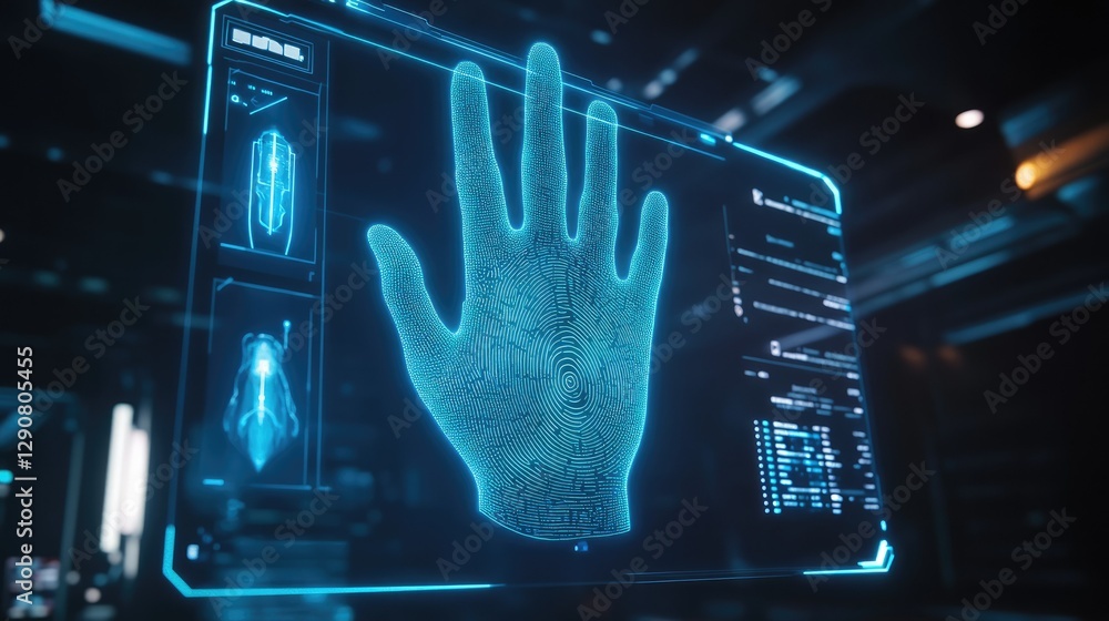 Poster cyber security concept: biometric handprint scan with neon blue interface