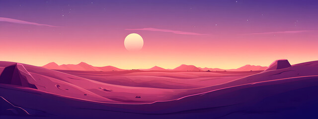 A simple cartoon vector desert with a purple sky, yellow sand dunes, and black rocks in the background
