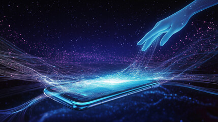 In a surreal technological vision, a futuristic smartphone drifts through deep space, emitting waves of holographic energy that spiral into infinity