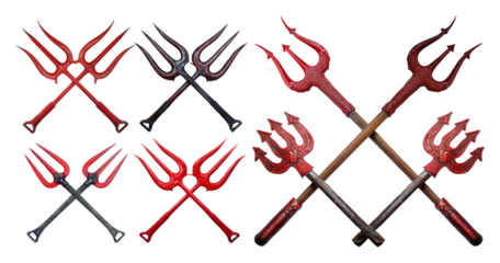 Collection of Artistic Devil Tridents with Various Unique Designs, isolated on transparent background