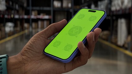 GREEN SCREEN CHROMA KEY A hand holding a smartphone with a green screen in a large warehouse or retail environment, ideal for mockup apps, logistics, or retail interfaces