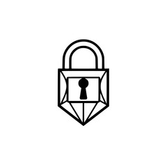 Minimalist black and white illustration of a lock, diamond-shaped, clean design, on a white background.